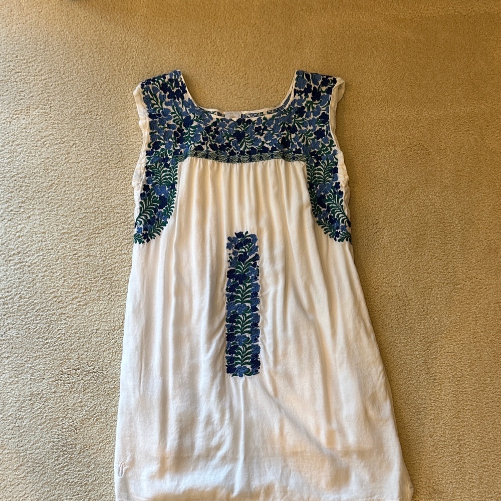 White Midi Dress with Blue Floral Embroidery